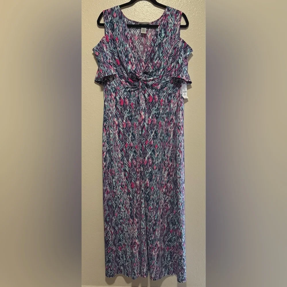 Catherines Geometric Maxi Dress | Purple Multicolor Cold Shoulder Knit | 0X - Picture 2 of 4